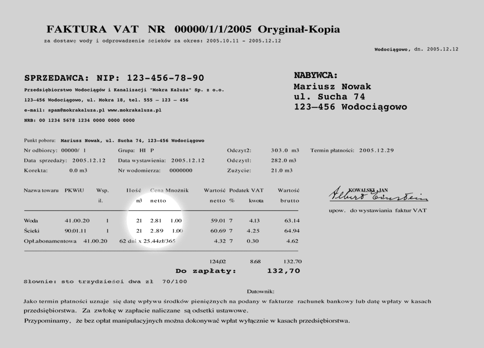 Przykład rachunku za wodę